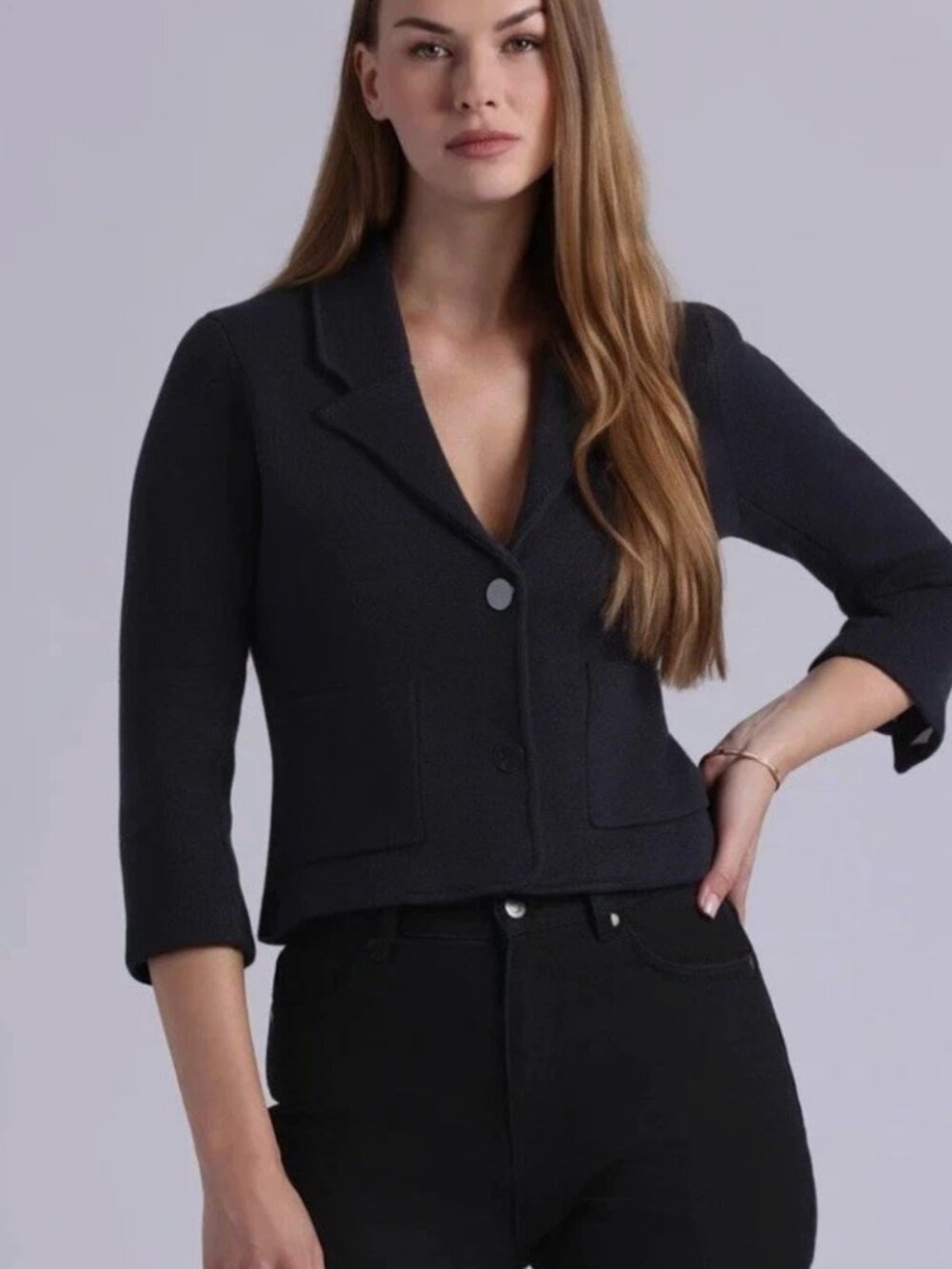 Minnie Rose Cotton Blend Shrunken Blazer Small Two Button Notched Lapel Knit EUC